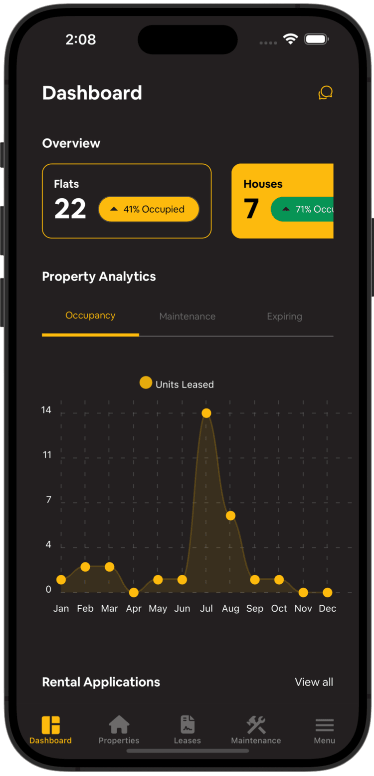 Estate Manager Mobile Dashboard (Dark Mode)