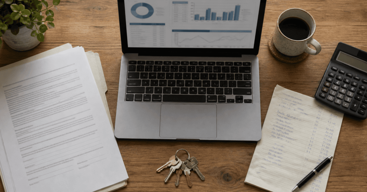 Financial dashboard, tenancy agreement, keys, and calculator on a desk